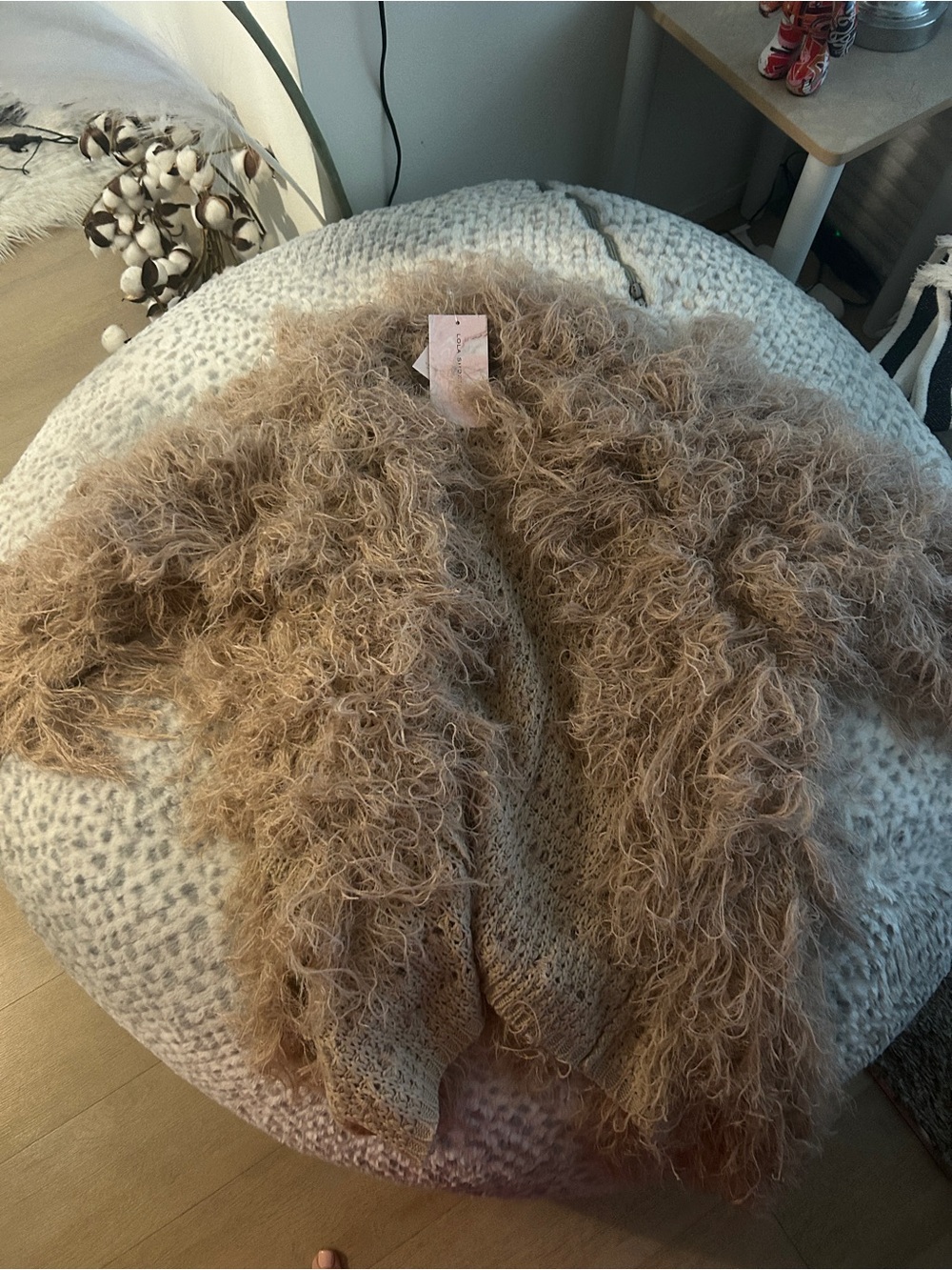 Miss Lola Taupe Faux Fur-Trim Knit Cardigan